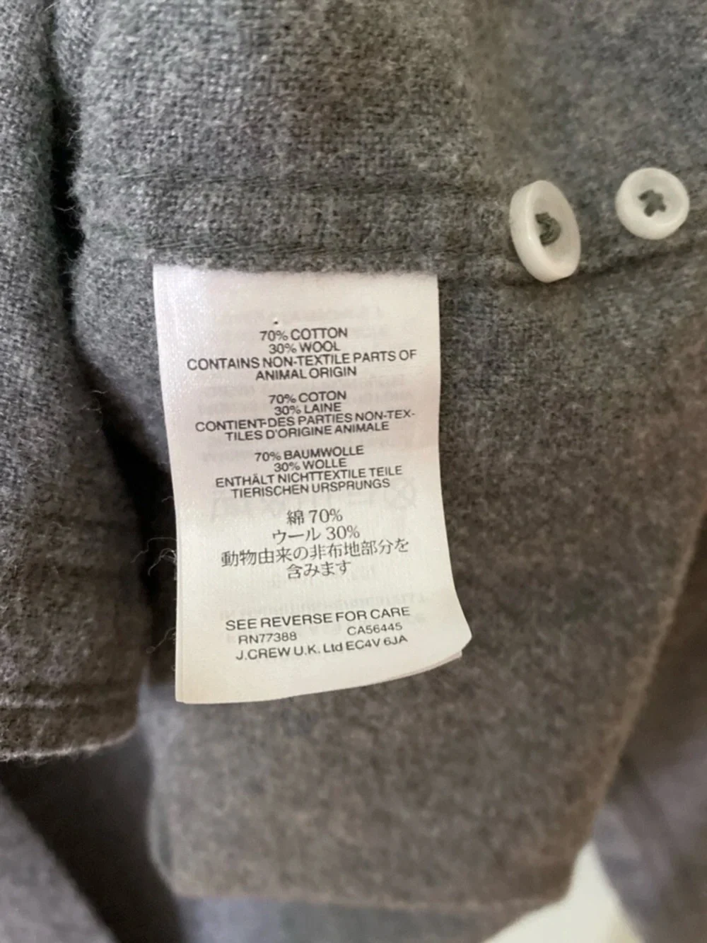 J. Crew Dark Gray Wool-Cotton Knit Top with White Buttons M